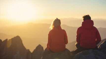 女性, 男性, 人々, 後ろ姿, 登山, 登山家, 山, 登頂, 頂上, トップ, 成功, 自由, 夕焼け, 日の出, woman, man, people, back, climb, mountain, climber, mountaineer, summit, top, success, freedom, sunset, sunrise