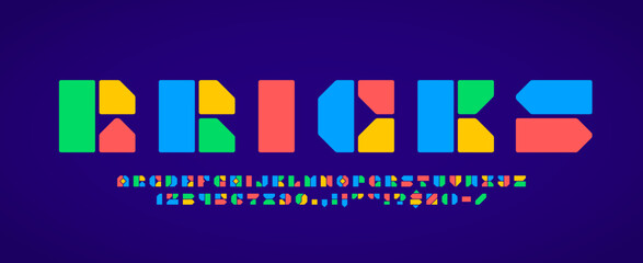 Module block font, modern abstract typeface, vector typography english alphabet type. Trendy creative geometric abc font with letters and numbers of color blocks, geometry shapes and modules