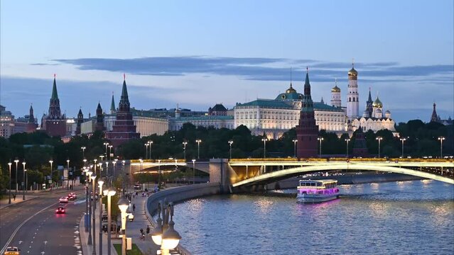 Evening view of the Kremlin and the Moscow River in the city of Moscow in Russia.