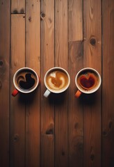 Three cups of coffee on a wooden table, each with a different colour liquid - black |orange| red
