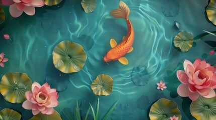 3D koi fish and lotus flowers in the water wallpaper