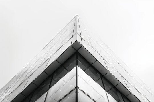 A high-contrast, monochrome photo capturing the angular architecture of a modern glass building against a grey sky.