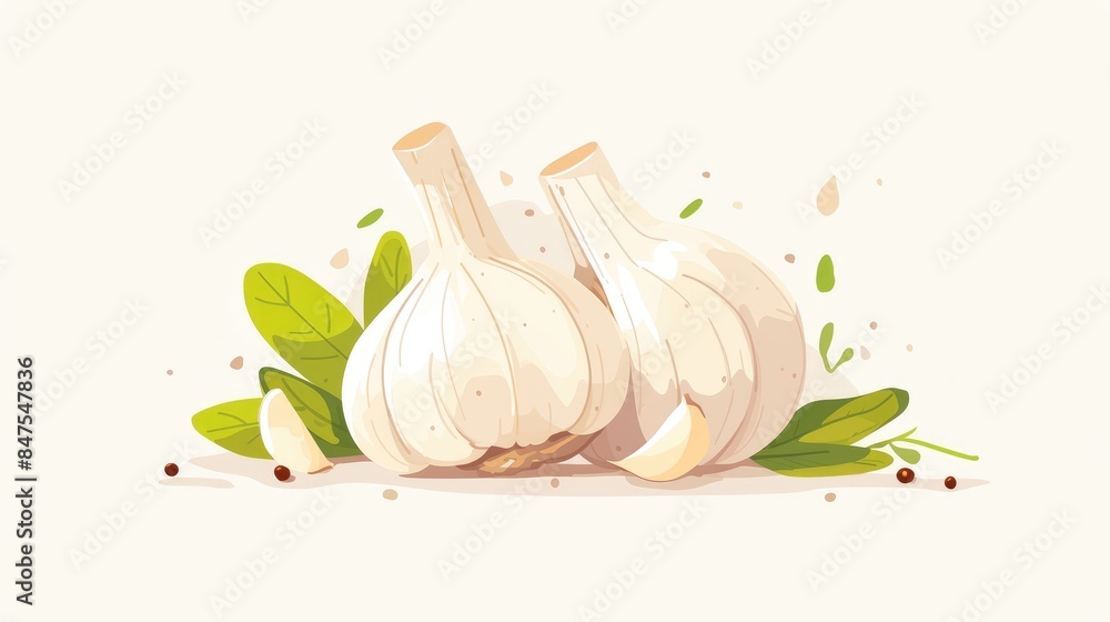 Poster Illustration of a single garlic bulb on a white background in a flat 2d style