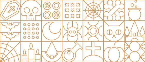 Halloween modern line geometric pattern. Textile simple ornament texture, Halloween abstract wallpaper or geometric vector pattern with thin line coffin, skull, spider web, bone, bat and cat, castle