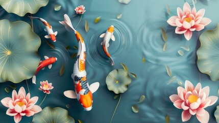 3D koi fish and lotus flowers in the water wallpaper