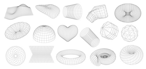 3d Wireframe shapes, geometric figures with grid surface. Heart, semi-sphere, torus and net, cyber globe or spiral. Vector mesh science objects, fractals and graphic forms. Waves, wire constructions