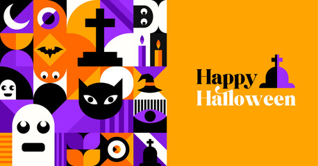 Halloween banner with modern abstract geometric Bauhaus pattern. Halloween holiday celebration vector horizontal banner. Bauhaus geometric pattern or background with ghost, black cat, bat and cemetery