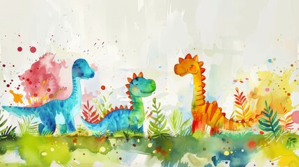 Obraz premium Playful watercolor art with cartoon dinosaurs, colorful paint splashes creating an exciting background
