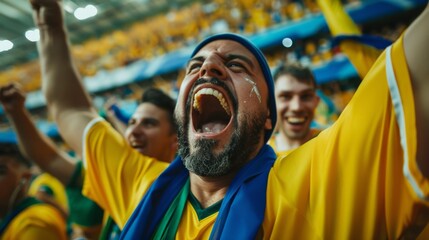 portrait of a joyful Caucasian fan in the colors of his team rejoices at his success while in a large football stadium crowded with fans