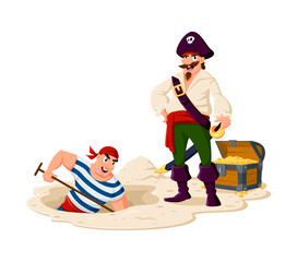 Cartoon pirate captain and corsair sailor burying a treasure. Vector chief filibuster confidently standing near a treasure chest, alongside a seaman digging a hole to hide loot in the wooden trunk