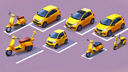 Naklejka premium Set of realistic 3d yellow car, scooter, bicycle, skateboard and kick scooter, Advertising poster of different vehicles company, 3d illustration in cartoon style 