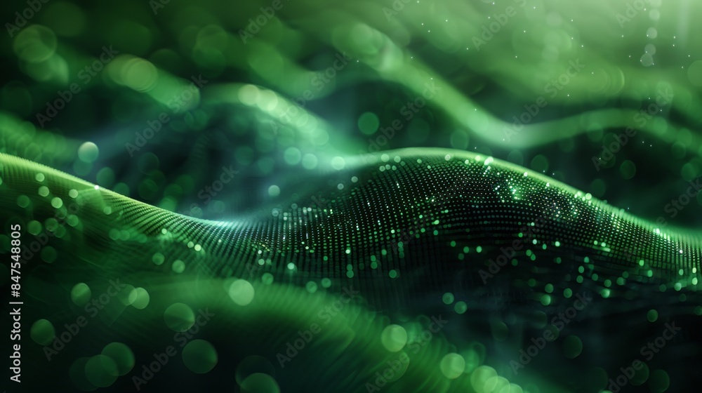 Poster abstract wave with soft green glowing bokeh light background.