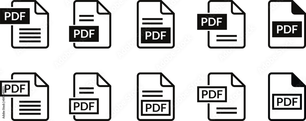 Poster pdf file format symbols, pdf document text, web format information, images, vector images, pdf file icon set vector illustration.