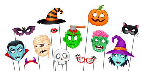 Halloween masks with props for photo booth. Isolated vector set cartoon witch hat and face, vampire, mummy and pumpkin. Bat, devil horns, skull and monster lips. Zombie with axe in brain, and cat head