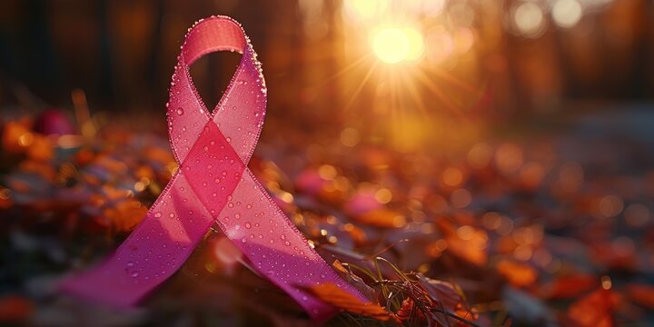 Pink breast cancer awareness ribbon with morning dew on autumn leaves, symbolizing hope, support, and the journey of breast cancer awareness