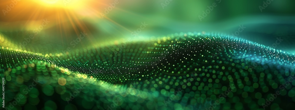 Poster abstract wave with soft green glowing bokeh light background.