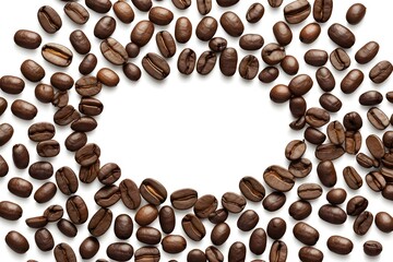 coffee beans background, Close up coffee Beans Isolated On White Background, closeup of perfect Roasted coffee beans background. Food ingredients, top view, space for text. Soft selective focus.

