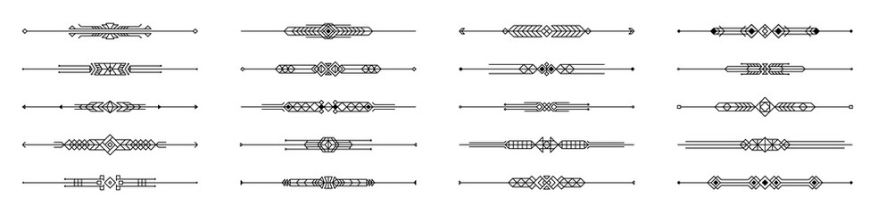 Art deco dividers, underline elements and menu border frames, vector elegant line ornaments. Vintage art deco dividers with modern geometric and ornate line ornament of antique Victorian decoration © Buch&Bee