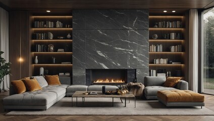 The living area features a marble wall fireplace, a fashionable bookcase that extends to the ceiling, and an opulent, modern decor of a rich country home with grey LED lights and wood.

