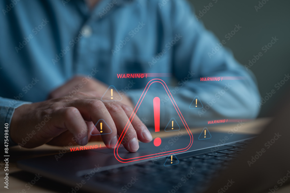 Poster System warning hacked alert, cyber attack on computer network. Cybersecurity vulnerability, data breach, illegal connection, compromised information concept. Malicious software, virus and cybercrime.