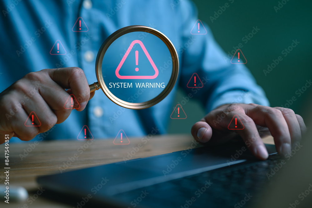 Poster System warning hacked alert, cyber attack on computer network. Cybersecurity vulnerability, data breach, illegal connection, compromised information concept. Malicious software, virus and cybercrime.