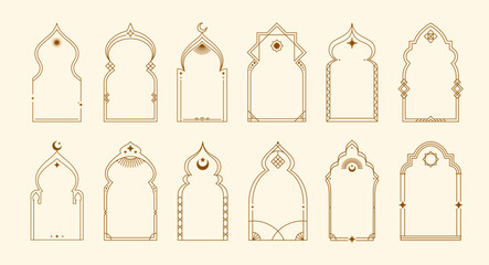 Ramadan boho arch frames, muslim borders. Isolated vector set of linear Islamic window and door shapes, mosque interior elements. Arab arcs or portals with stars and crescents for Eid Mubarak holiday