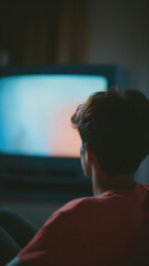 Naklejka premium 男, 男性, テレビ, モニター, パソコン, 画面, 映像, テレビを見る男性, 男性の後ろ姿, 後頭部, テクノロジー, Man, male, television, monitor, computer, screen, image, man watching television, male back view, back of man's head, technology