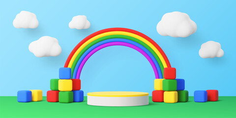 Fototapeta premium Kids podium stage with rainbow and toy blocks or 3D clouds in sky, vector background. Kid, child or baby products display showcase and showroom studio pedestal or exhibition podium with toy rainbow