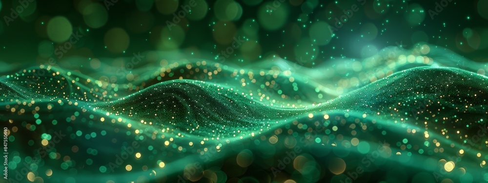 Poster abstract wave with soft green glowing bokeh light background.