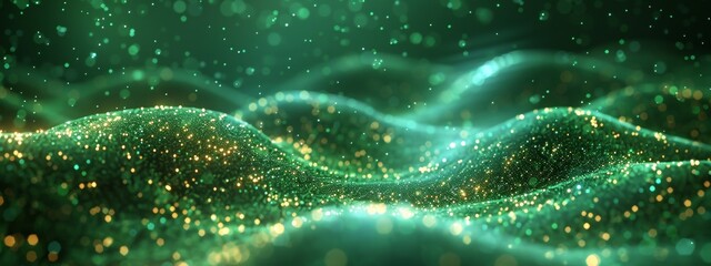 Abstract wave with soft green glowing  bokeh light background.