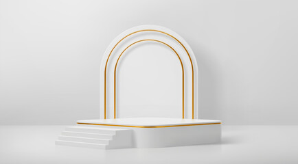 White podium with golden arch, stairs and squared base stage. Realistic 3d vector elegant display setup with scene accentuated with gold stripes and arching backdrop for showcasing cosmetic products
