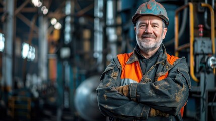 Fototapeta premium Portrait of a smiling industrial worker in a factory wearing safety gear.