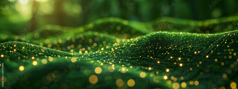 Poster abstract wave with soft green glowing bokeh light background.