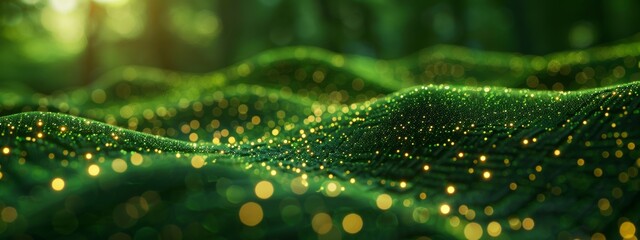 Abstract wave with soft green glowing  bokeh light background.