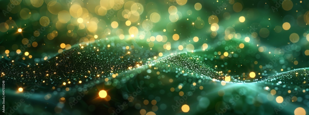 Poster abstract wave with soft green glowing bokeh light background.
