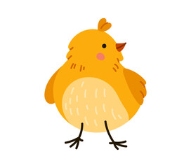Chick cartoon character with fluffy yellow feathers, radiating joy and innocence. Isolated vector charming little farm bird personage, baby chicken or rooster, symbol of spring and Easter holiday