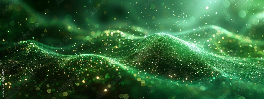 Poster abstract wave with soft green glowing bokeh light background.