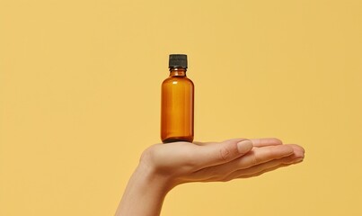 Hand showcasing a bottle of facial oil against a light yellow background, clean and minimal design, no text or branding