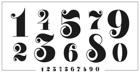 Vintage decorative numbers from 0 to 9, with elegant and intricate style. Isolated vector black numerals features curve ornate details. Victorian, classic, vintage digits, royal typographic numbers