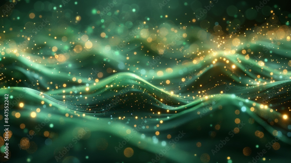 Poster abstract wave with soft green glowing bokeh light background.