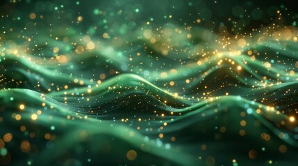 Abstract wave with soft green glowing  bokeh light background.
