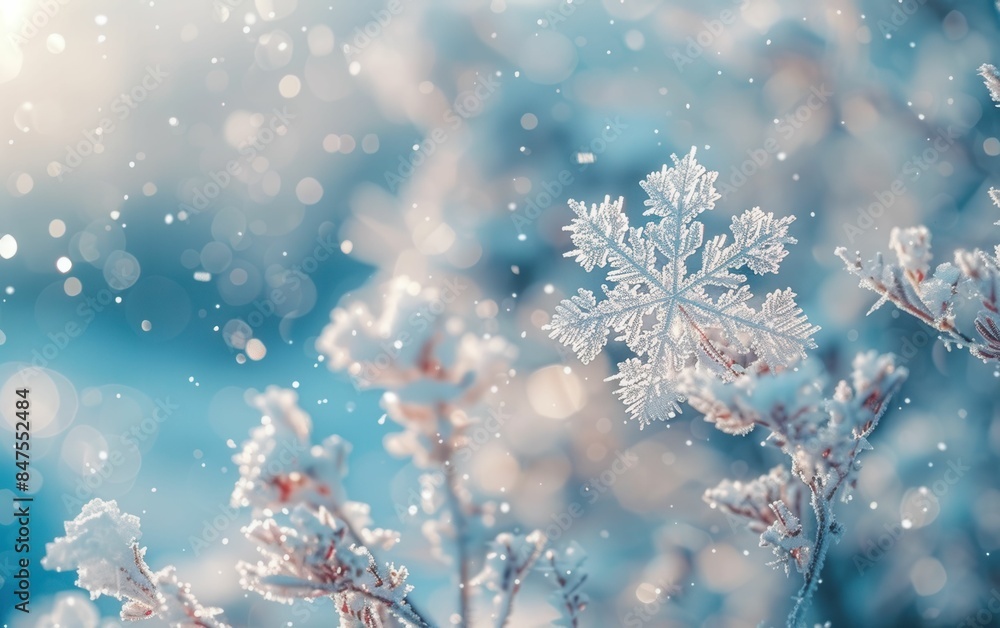 Poster a snowflake is on a branch of a tree. the snow is falling and the sky is blue