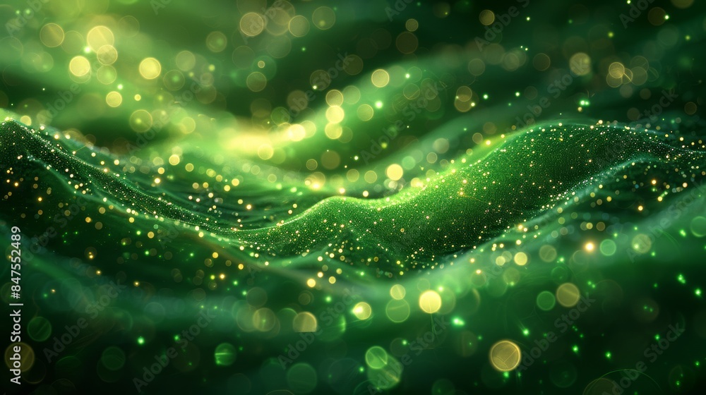 Poster abstract wave with soft green glowing bokeh light background.
