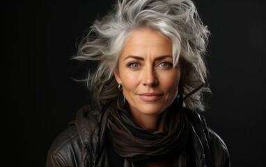 Fototapeta premium A woman with long gray hair and a scarf around her neck. She is smiling and looking at the camera