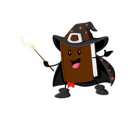 Cartoon Halloween school textbook mage, wizard and witch character in pointy hat, clutching magical wand. Isolated vector book personage ready to enchant readers with knowledge and spellbinding tales