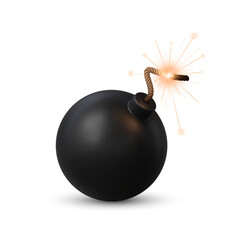 Realistic bomb with burning fuse emitting sparks and light, ready for explode. Isolated 3d vector explosive, spherical military tnt weapon with a lit wick creating a sense of imminent explosion