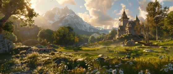 Fototapeta premium A magical medieval castle nestled in a lush valley, with a majestic mountain range in the background.