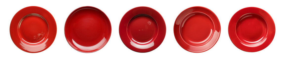 Collection of empty red plate isolated on a transparent background, top view, cut out, PNG