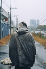 男, 男性, 男性の後ろ姿, ホームレス, 汚い, 失業, 失敗, 道路, 道, 徘徊, man, male, male back, homeless, dirty, unemployed, failure, road, street, wandering