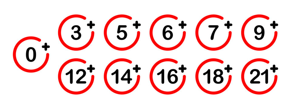Under age signs, warning icons and forbidden symbols of age limits and restriction. Vector red labels from 0 to 21 plus years old for alcohol, toy, web content and movie. Suitable for kids and minors